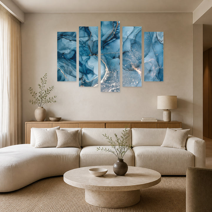 Blue Marble Texture in Serene Light II — five-panel wall art in frontal interior | 5wallart 54913 M3
