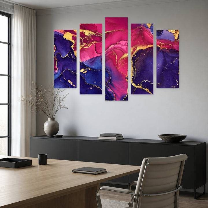 Flows of Translucent Shades Modern Composition — five-panel wall art in frontal interior | 5wallart 54916 M3