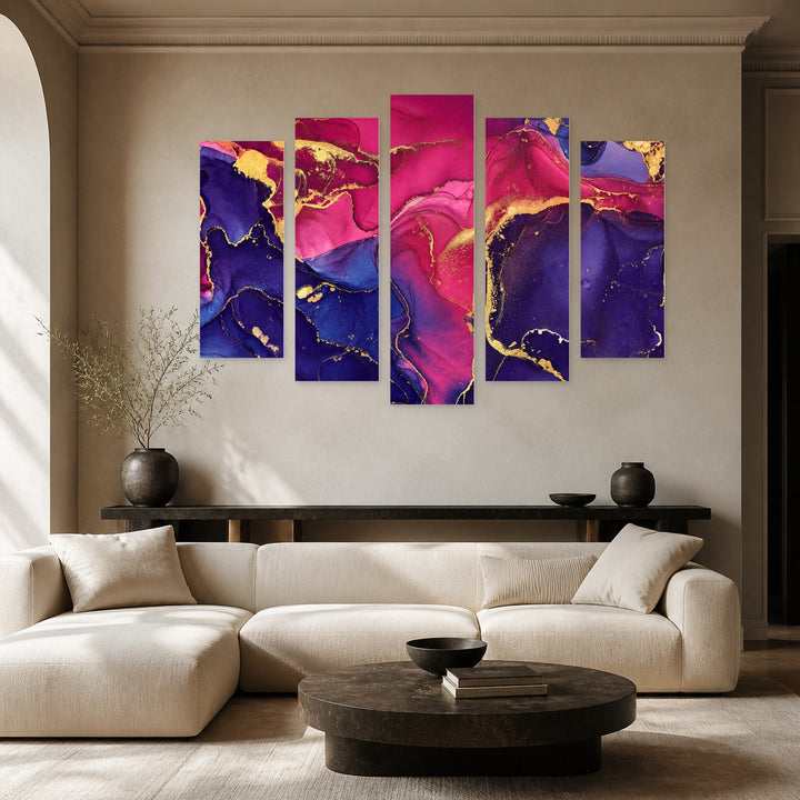 Flows of Translucent Shades Modern Composition — five-panel wall art in alternate frontal interior | 5wallart 54916 M4