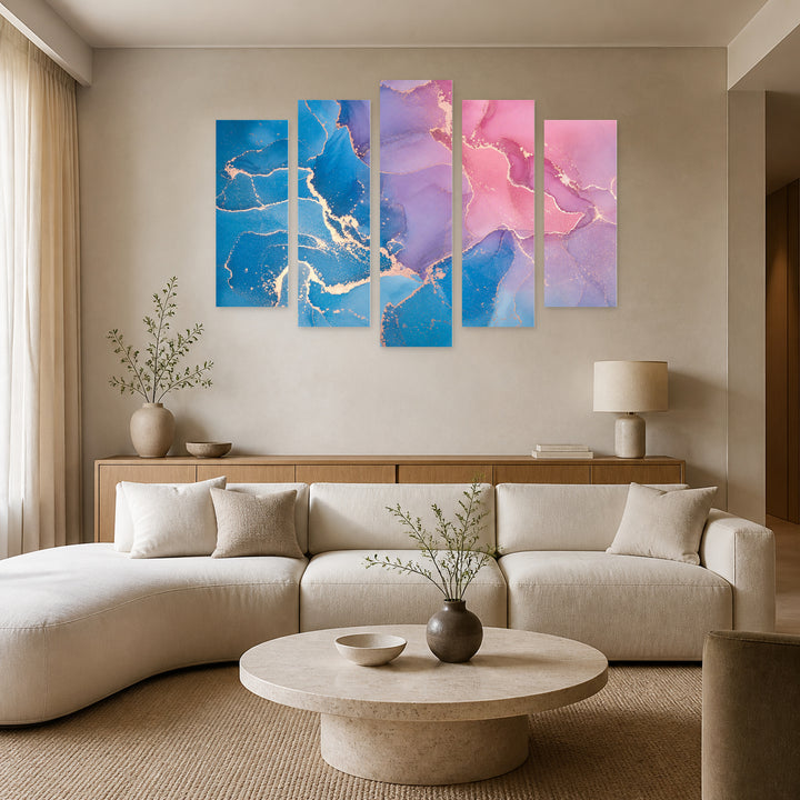 Marble Gradients in Serene Light — five-panel wall art in alternate frontal interior | 5wallart 54918 M4