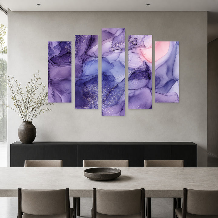 Marble Translucent Gradients with Geometric Rhythm — five-panel wall art in frontal interior | 5wallart 54920 M3