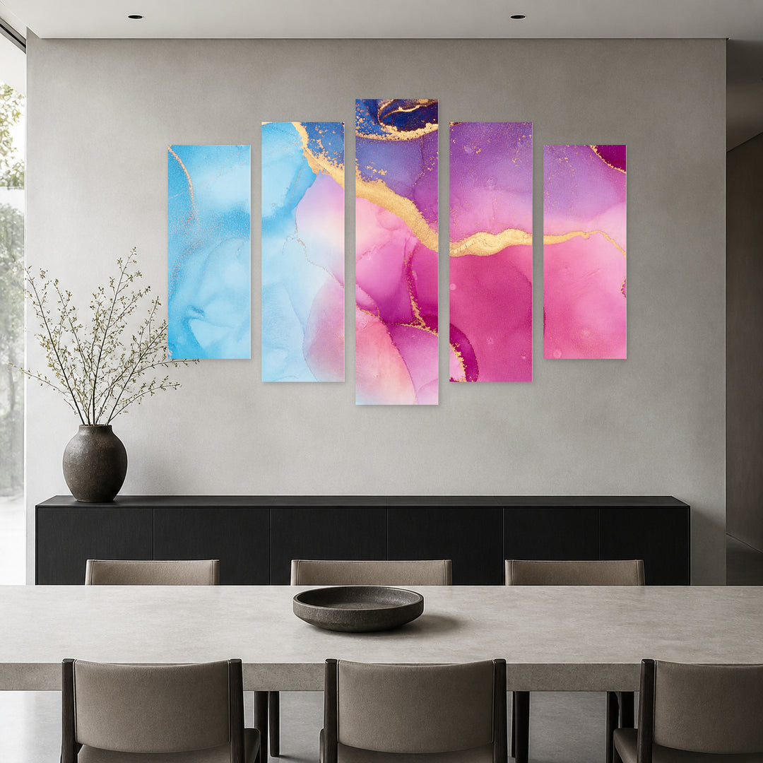 Translucent Shades with Gradients in Serene Light — five-panel wall art in alternate frontal interior | 5wallart 54921 M4