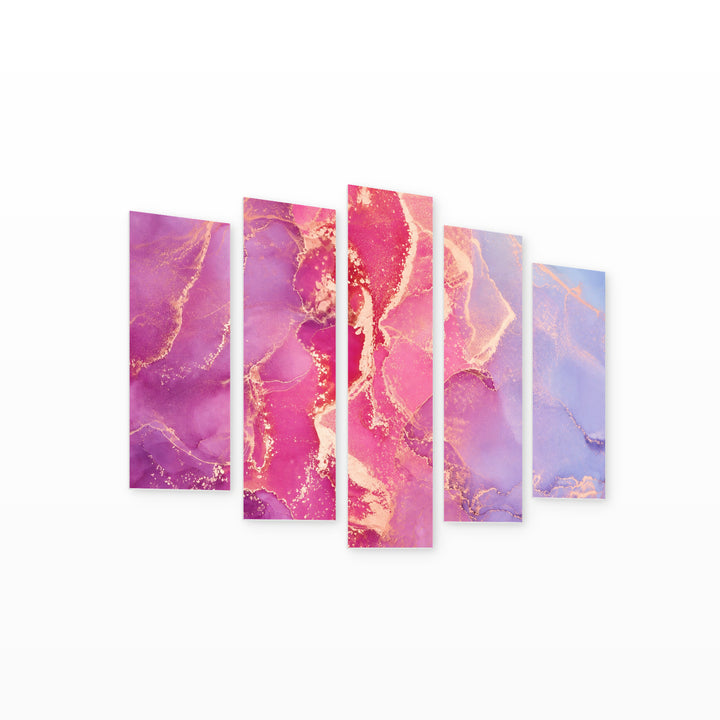 Marble Idyllic in Pink with Geometric Rhythm — five-panel wall art on white background in perspective | 5wallart 54922 M1
