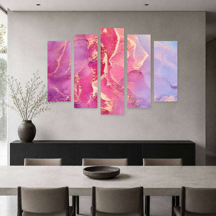 Marble Idyllic in Pink with Geometric Rhythm — five-panel wall art in frontal interior | 5wallart 54922 M3