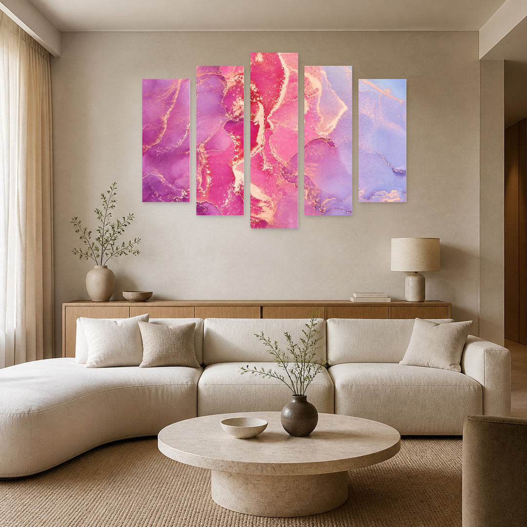 Marble Idyllic in Pink with Geometric Rhythm — five-panel wall art in alternate frontal interior | 5wallart 54922 M4