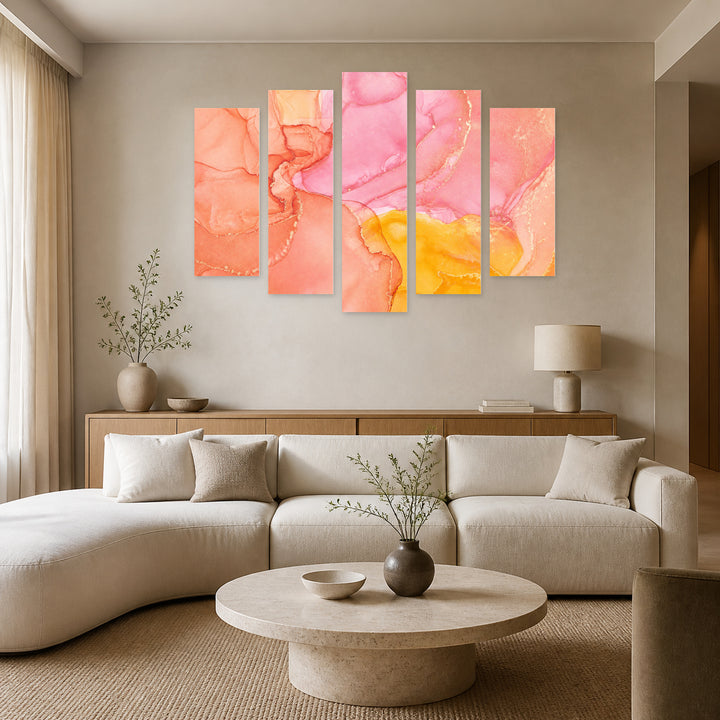 Marble Effect in Serene Light — five-panel wall art in frontal interior | 5wallart 54923 M3