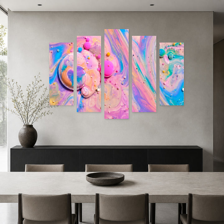 Colorful Abstract Bubbles Modern Composition — five-panel wall art in frontal interior | 5wallart 54924 M3