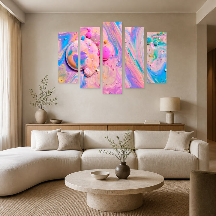 Colorful Abstract Bubbles Modern Composition — five-panel wall art in alternate frontal interior | 5wallart 54924 M4
