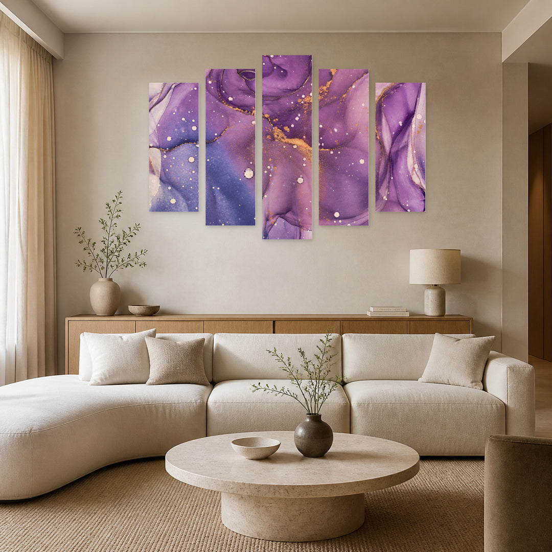 Marble Effect in Purple in Serene Light — five-panel wall art in frontal interior | 5wallart 54925 M3