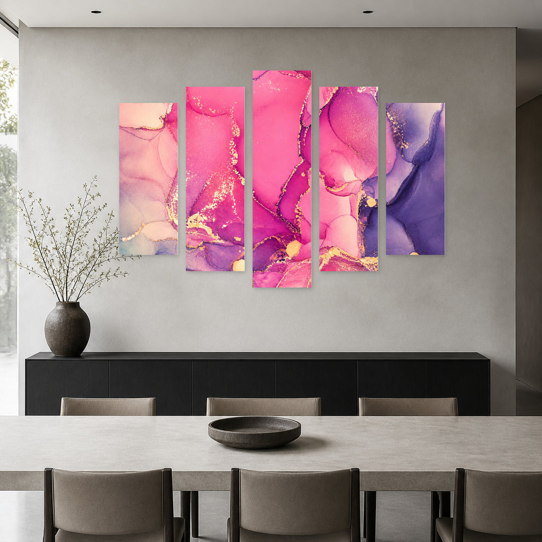 Marble Effect in Pink in Serene Light — five-panel wall art in frontal interior | 5wallart 54926 M3