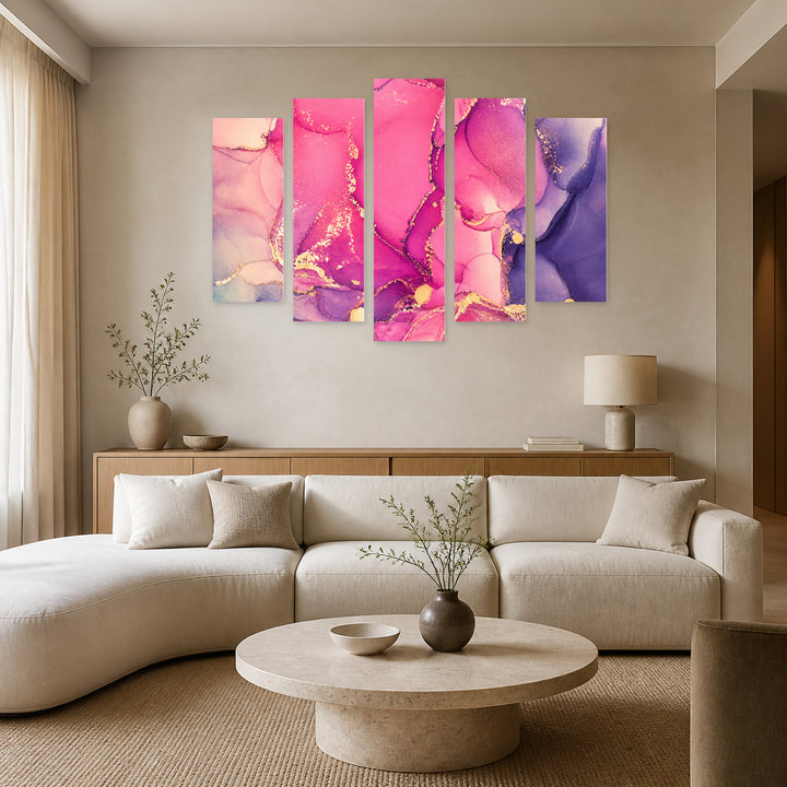 Marble Effect in Pink in Serene Light — five-panel wall art in alternate frontal interior | 5wallart 54926 M4