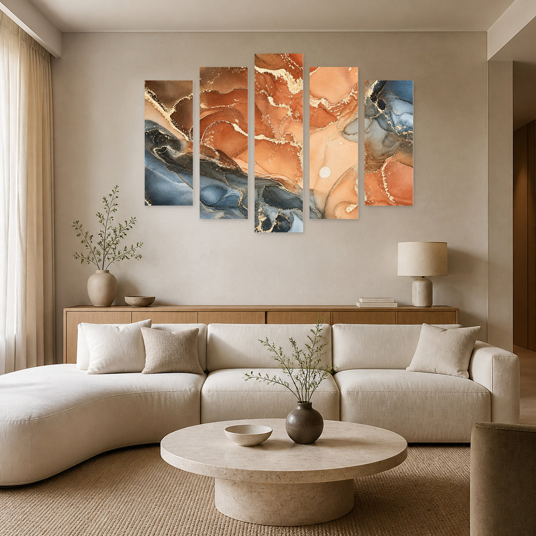 Marble Effect in Earth Tones in Serene Light — five-panel wall art in frontal interior | 5wallart 54927 M3