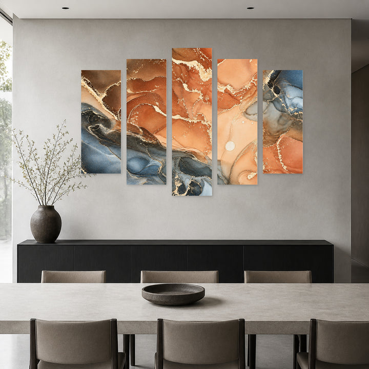 Marble Effect in Earth Tones in Serene Light — five-panel wall art in alternate frontal interior | 5wallart 54927 M4