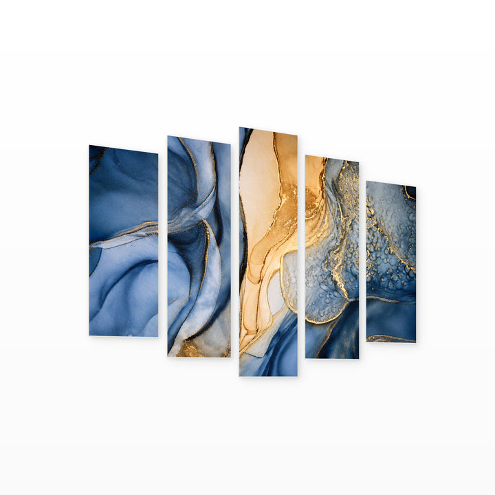 Abstract Marble Effect in Blue and Gold — five-panel wall art on white background in perspective | 5wallart 54928 M1