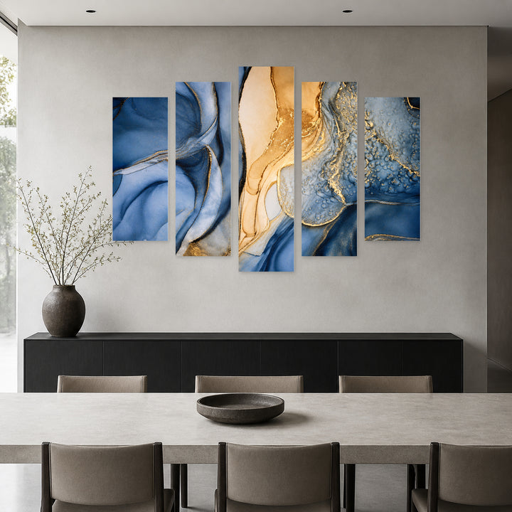 Abstract Marble Effect in Blue and Gold — five-panel wall art in frontal interior | 5wallart 54928 M3