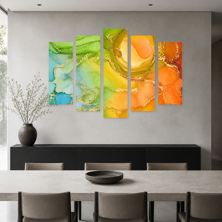 Marble Effect in Warm Colors in Serene Light — five-panel wall art in alternate frontal interior | 5wallart 54929 M4