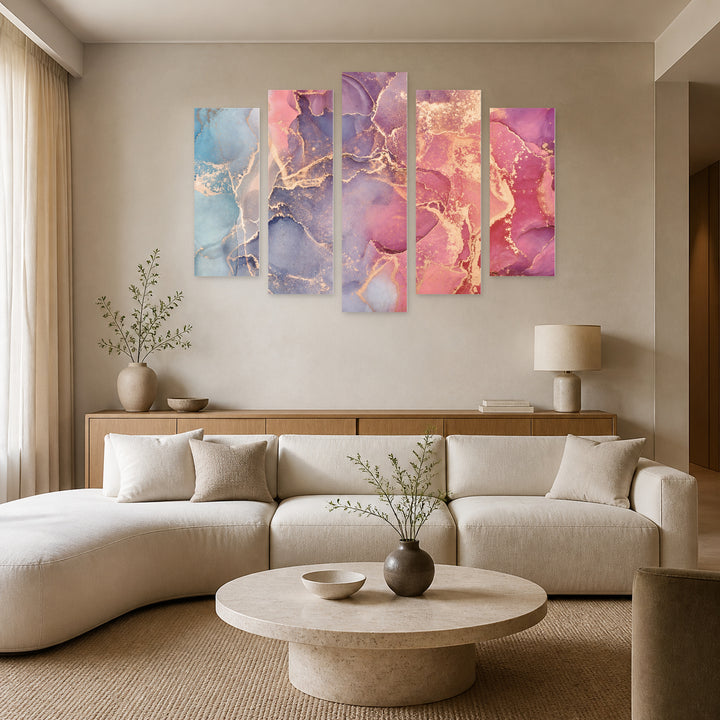 Marble Color Effect in Serene Light — five-panel wall art in alternate frontal interior | 5wallart 54930 M4