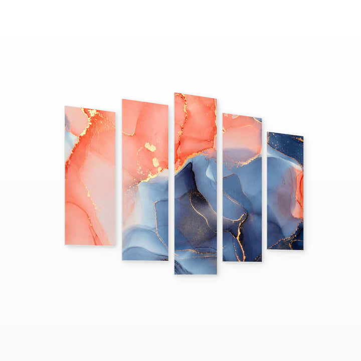 Marble Abstract Effect with Geometric Rhythm — five-panel wall art on white background in perspective | 5wallart 54931 M1