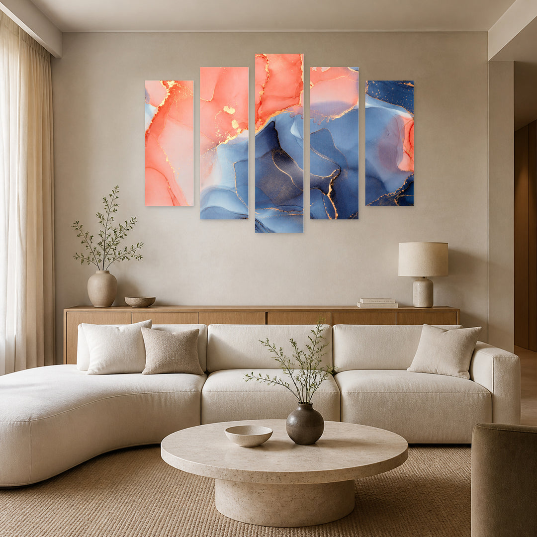 Marble Abstract Effect with Geometric Rhythm — five-panel wall art in frontal interior | 5wallart 54931 M3