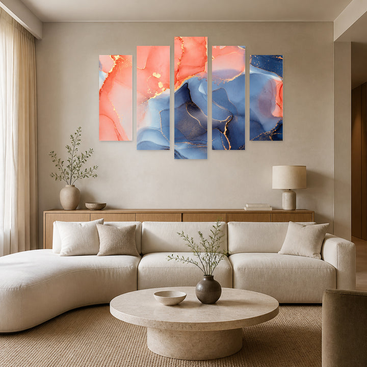 Marble Abstract Effect with Geometric Rhythm — five-panel wall art in frontal interior | 5wallart 54931 M3