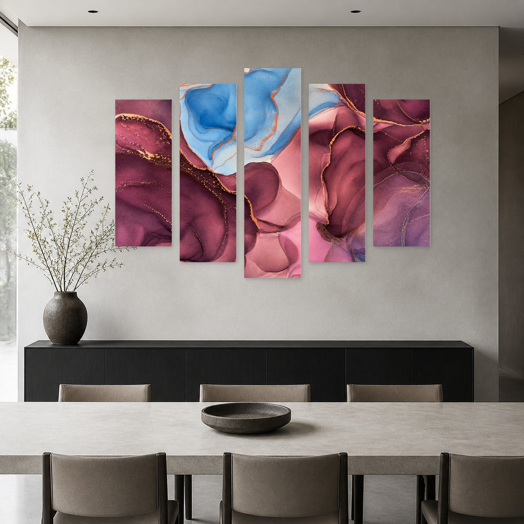 Fluid Abstraction in Vivid Color — five-panel wall art in alternate frontal interior | 5wallart 54933 M4