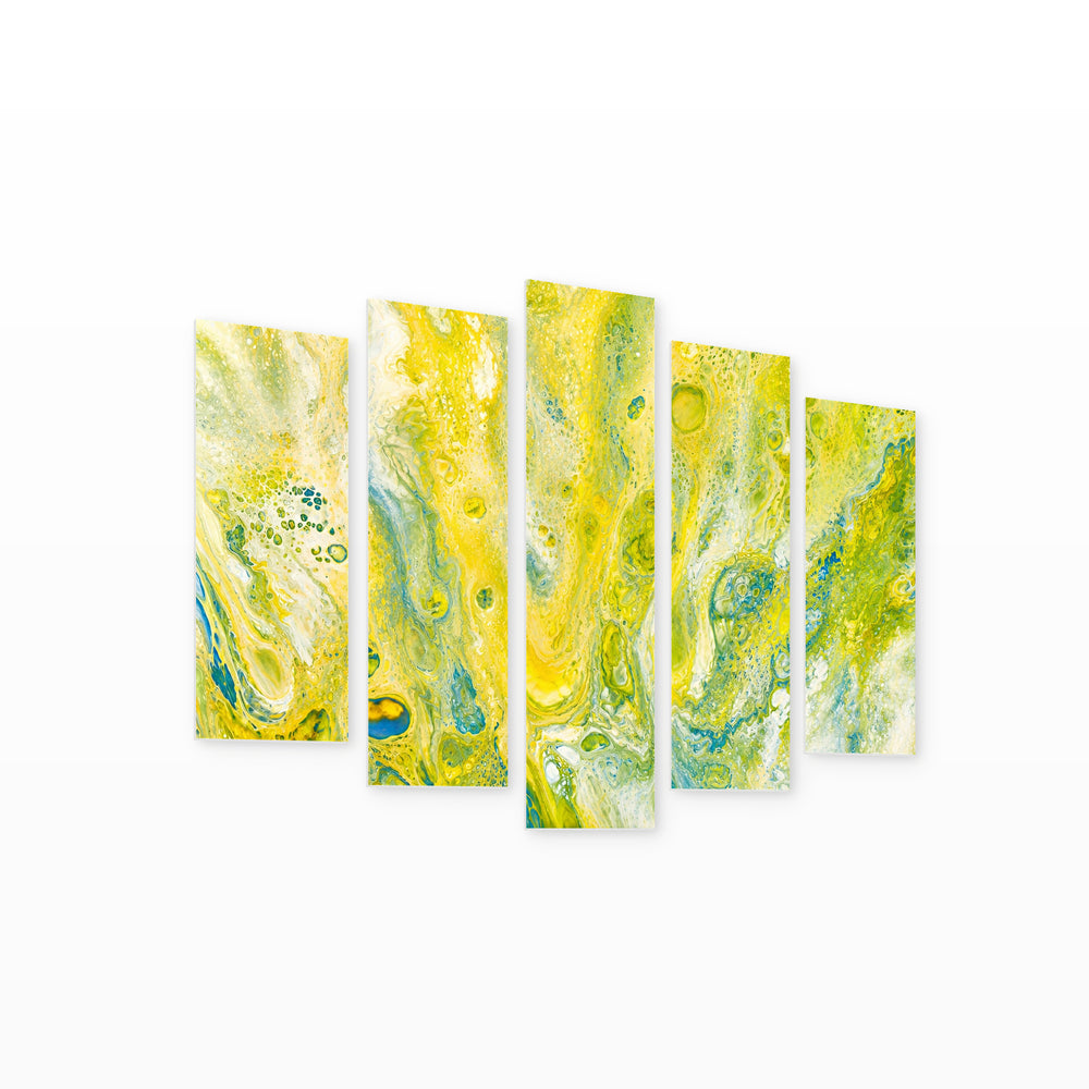 Marble Abstraction in Yellow with Geometric Rhythm — five-panel wall art on white background in perspective | 5wallart 54934 M1