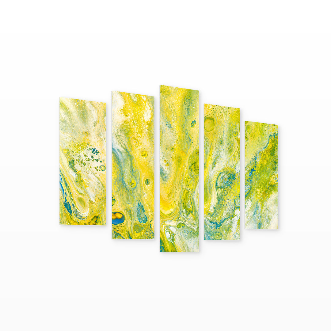 Marble Abstraction in Yellow with Geometric Rhythm — five-panel wall art on white background in perspective | 5wallart 54934 M1
