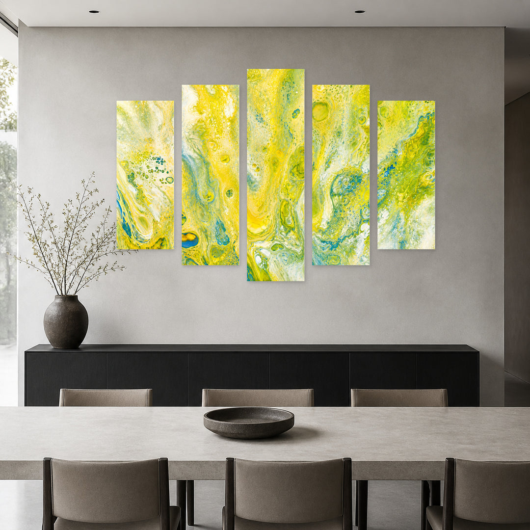 Marble Abstraction in Yellow with Geometric Rhythm — five-panel wall art in frontal interior | 5wallart 54934 M3