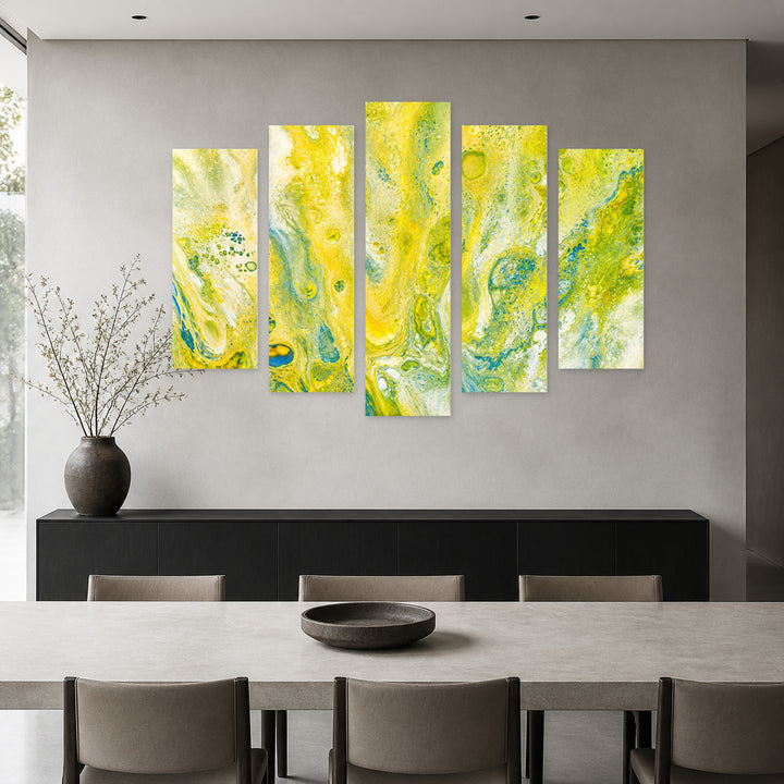 Marble Abstraction in Yellow with Geometric Rhythm — five-panel wall art in frontal interior | 5wallart 54934 M3