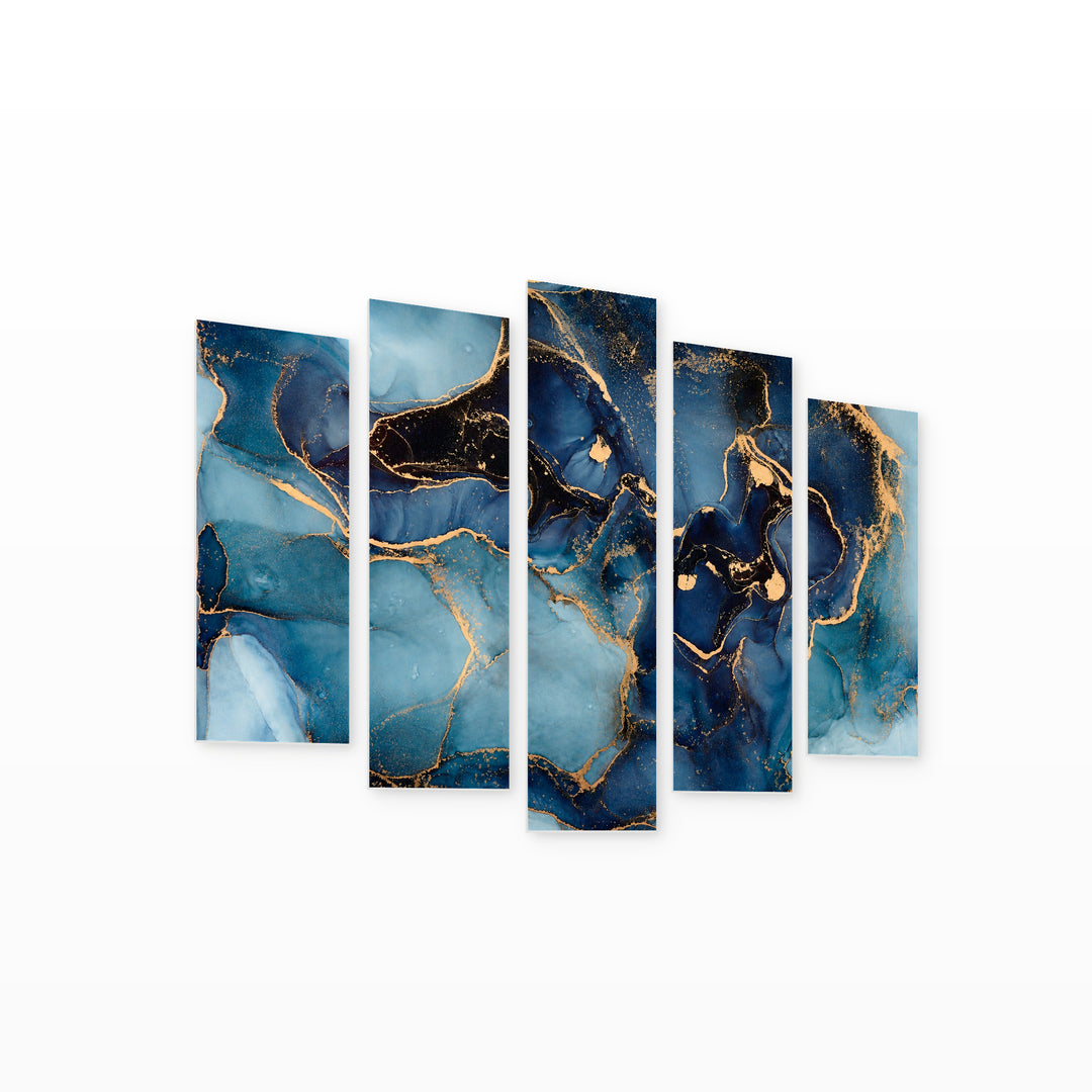 Marble Effect in Blue in Serene Light — five-panel wall art on white background in perspective | 5wallart 54935 M1