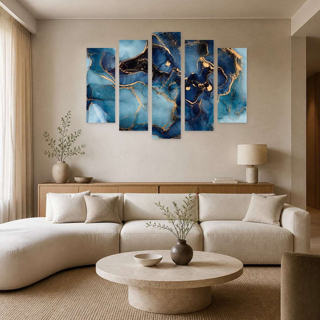 Marble Effect in Blue in Serene Light — five-panel wall art in frontal interior | 5wallart 54935 M3