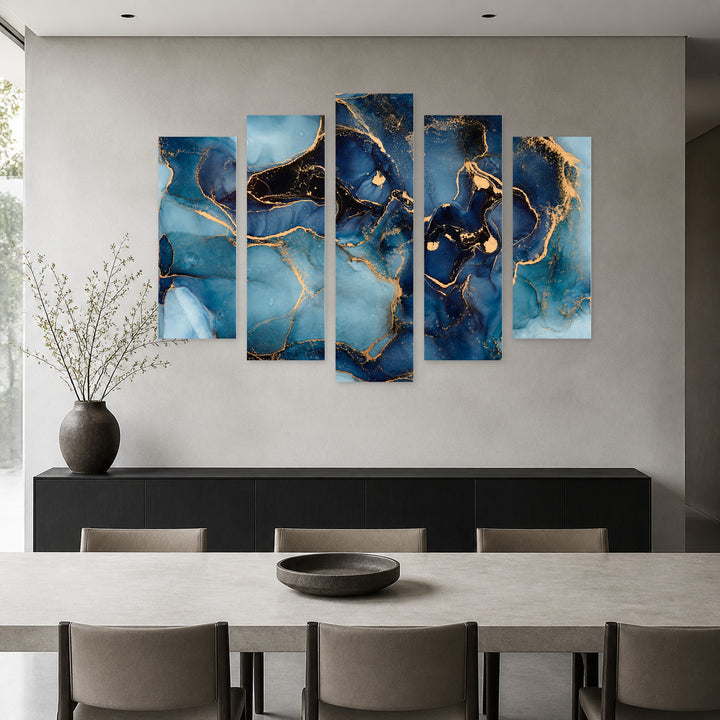 Marble Effect in Blue in Serene Light — five-panel wall art in alternate frontal interior | 5wallart 54935 M4