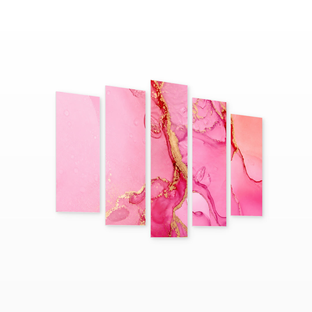 Abstract Pink Background with Geometric Rhythm II — five-panel wall art on white background in perspective | 5wallart 54937 M1