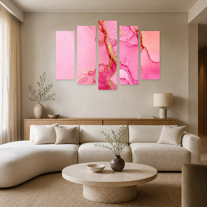 Abstract Pink Background with Geometric Rhythm II — five-panel wall art in frontal interior | 5wallart 54937 M3