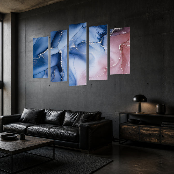 Marble Gradients in Blue in Serene Light — five-panel wall art in perspective interior | 5wallart 54938 M2