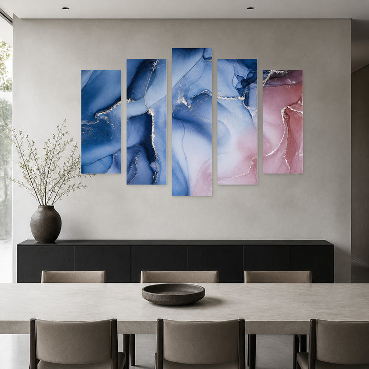 Marble Gradients in Blue in Serene Light — five-panel wall art in frontal interior | 5wallart 54938 M3