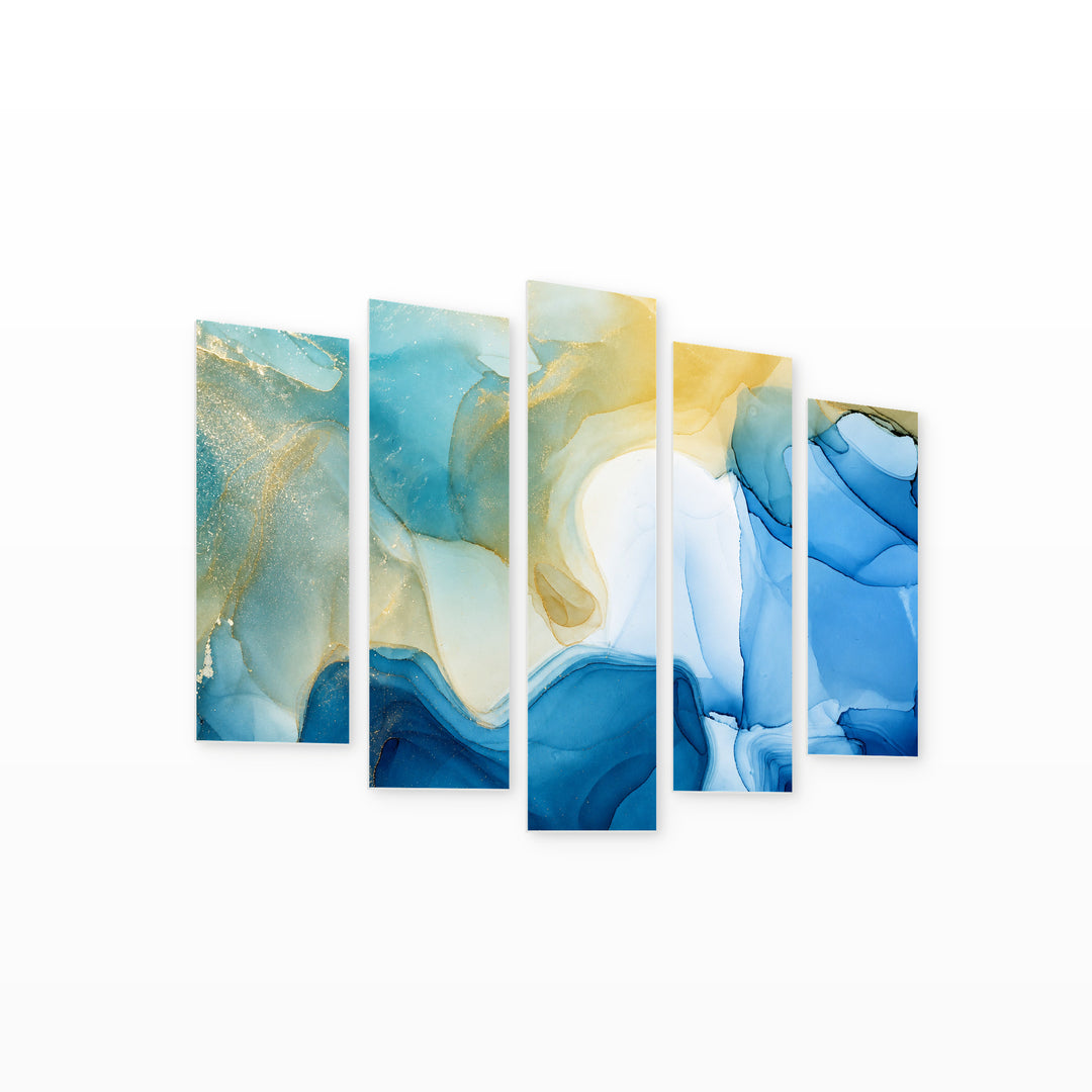 Abstract Colorful Gradients in Blue and Gold — five-panel wall art on white background in perspective | 5wallart 54940 M1