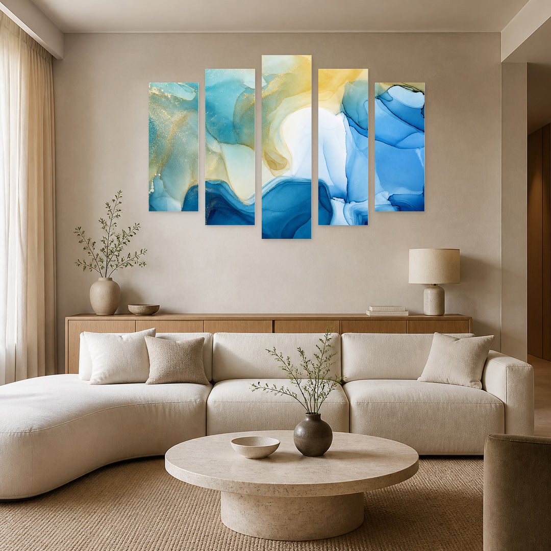 Abstract Colorful Gradients in Blue and Gold — five-panel wall art in alternate frontal interior | 5wallart 54940 M4
