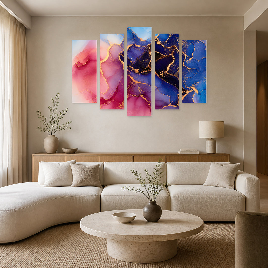 Marble Abstraction 4941 in Serene Light — five-panel wall art in frontal interior | 5wallart 54941 M3