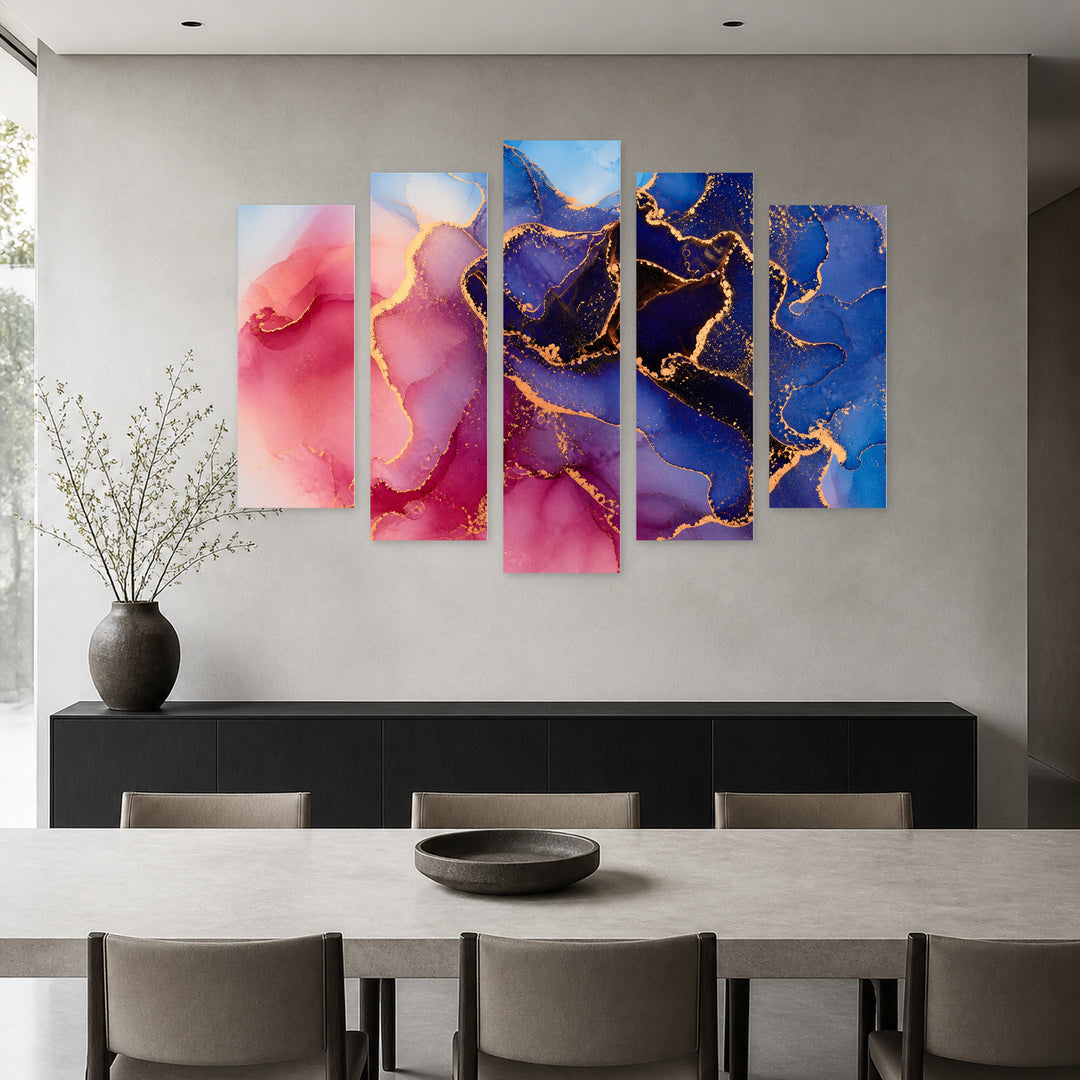 Marble Abstraction 4941 in Serene Light — five-panel wall art in alternate frontal interior | 5wallart 54941 M4