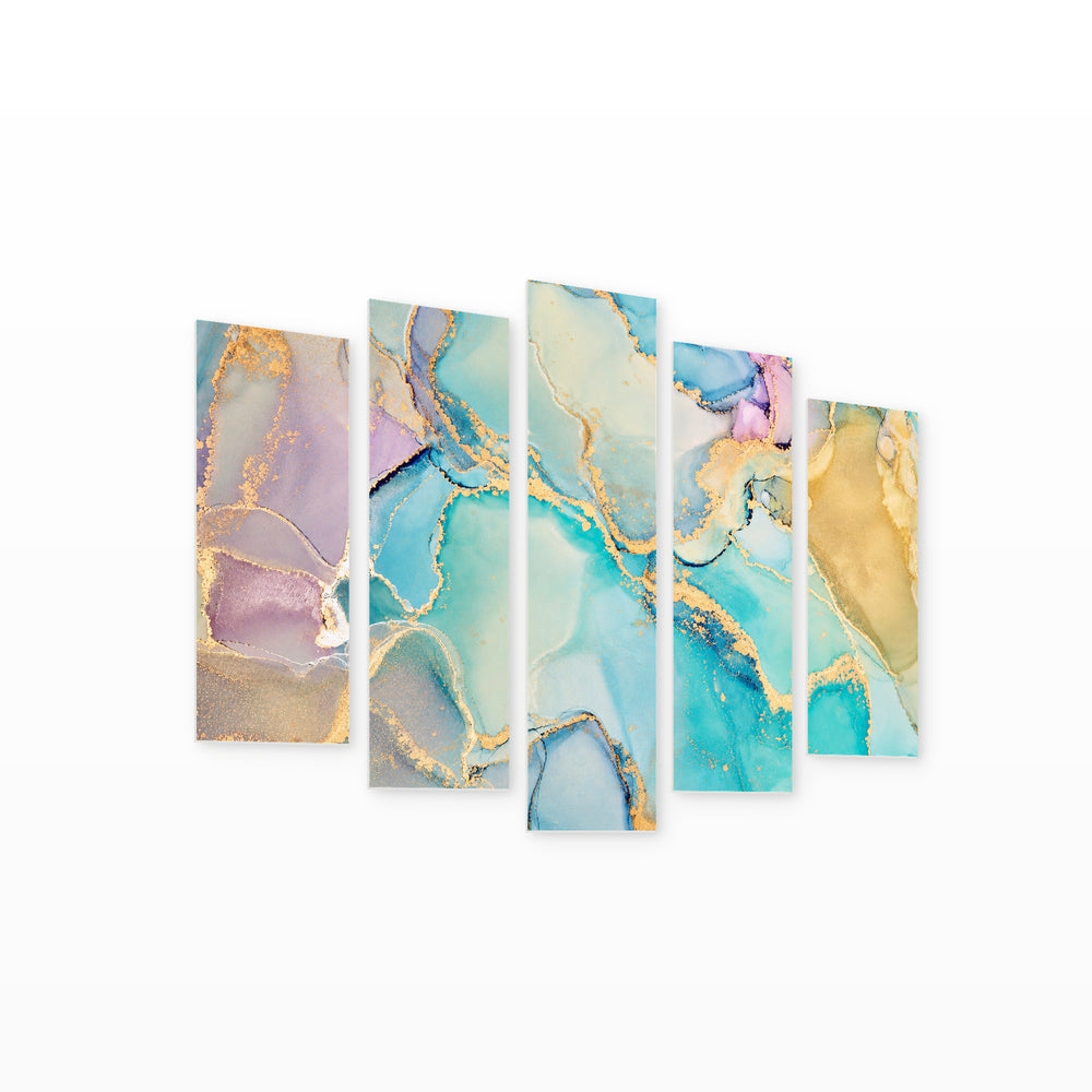 Multicolor Marble Texture in Blue and Gold — five-panel wall art on white background in perspective | 5wallart 54942 M1