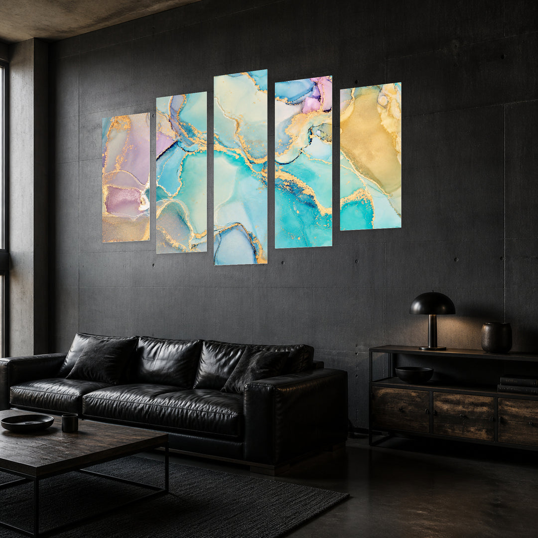 Multicolor Marble Texture in Blue and Gold — five-panel wall art in perspective interior | 5wallart 54942 M2