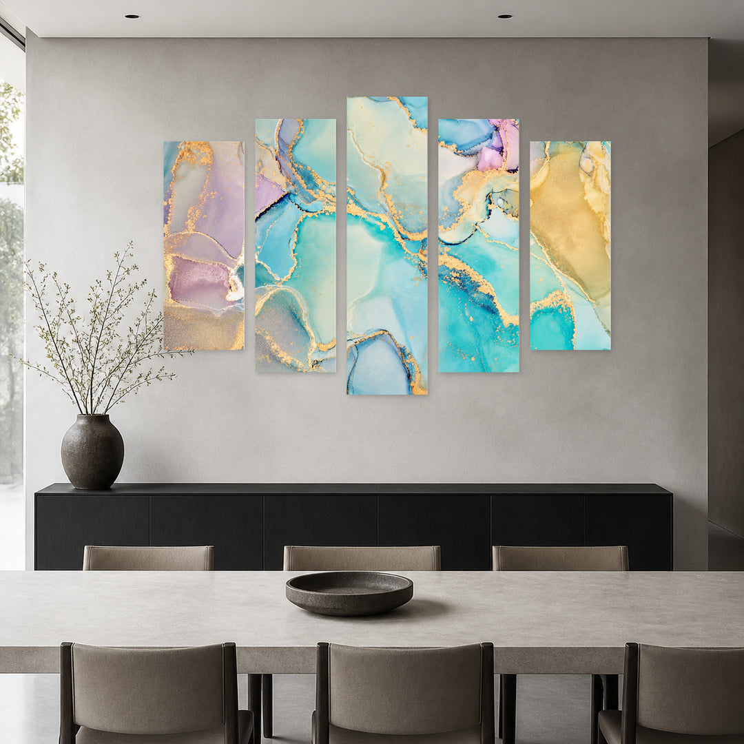 Multicolor Marble Texture in Blue and Gold — five-panel wall art in frontal interior | 5wallart 54942 M3