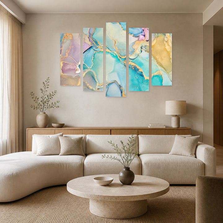 Multicolor Marble Texture in Blue and Gold — five-panel wall art in alternate frontal interior | 5wallart 54942 M4