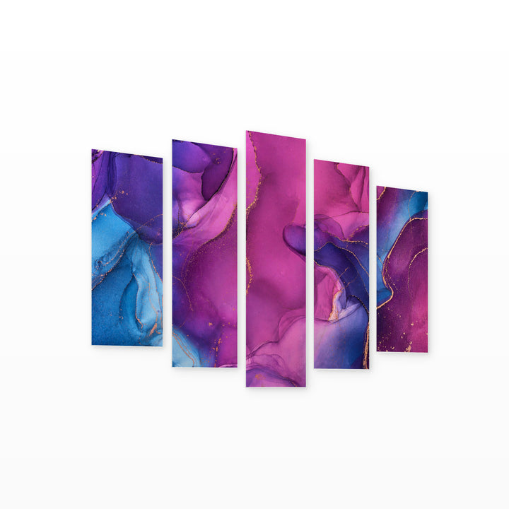 Marble Texture in Purple with Geometric Rhythm — five-panel wall art on white background in perspective | 5wallart 54943 M1