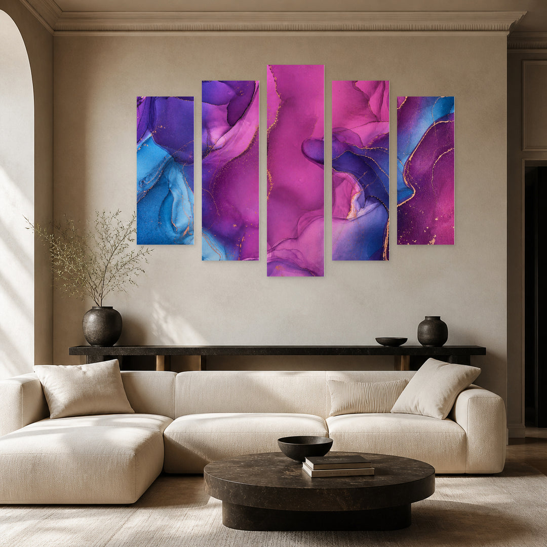 Marble Texture in Purple with Geometric Rhythm — five-panel wall art in frontal interior | 5wallart 54943 M3