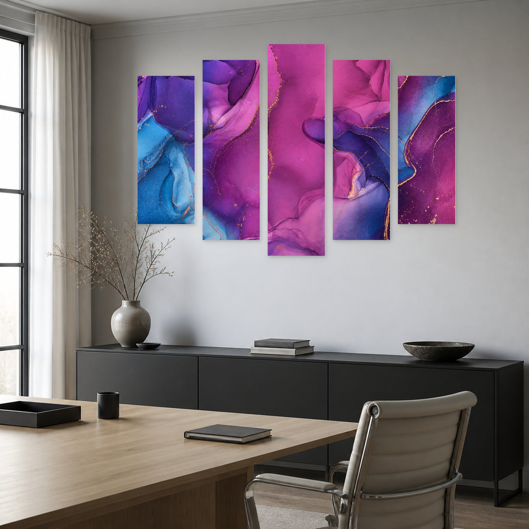 Marble Texture in Purple with Geometric Rhythm — five-panel wall art in alternate frontal interior | 5wallart 54943 M4