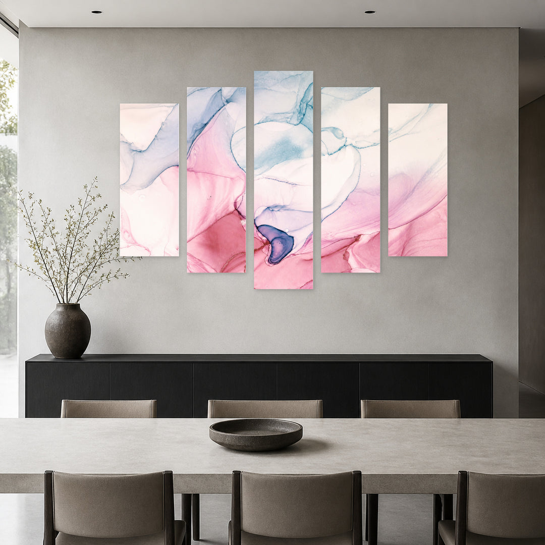 Abstraction with Marble Effect with Geometric Rhythm — five-panel wall art in frontal interior | 5wallart 54944 M3
