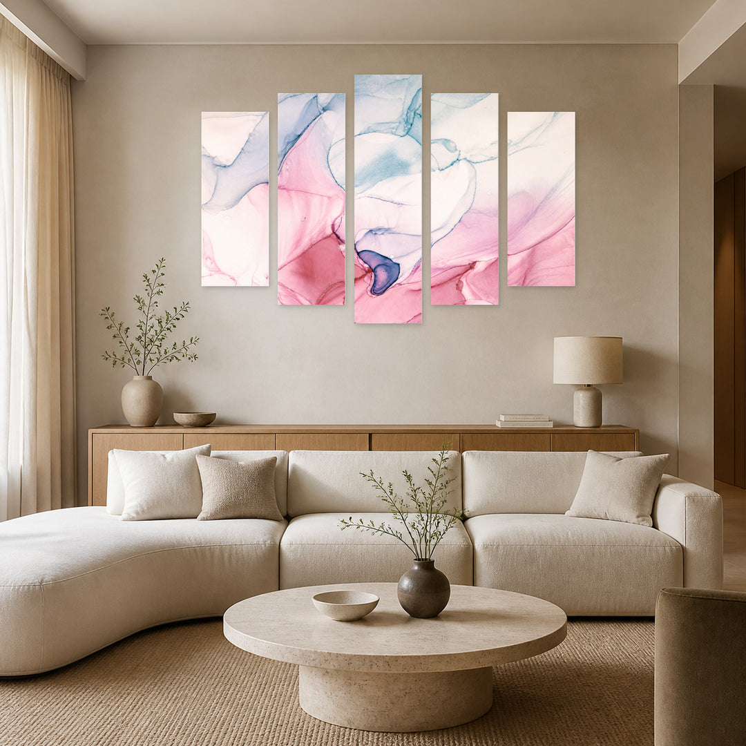 Abstraction with Marble Effect with Geometric Rhythm — five-panel wall art in alternate frontal interior | 5wallart 54944 M4