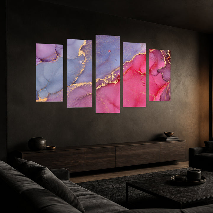 Abstract Texture with Golden Elements Modern Composition — five-panel wall art in perspective interior | 5wallart 54945 M2